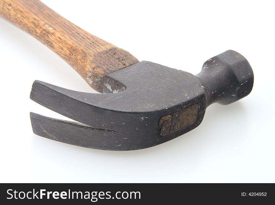 Old vintage wooden handle construction hammer isolated. Old vintage wooden handle construction hammer isolated