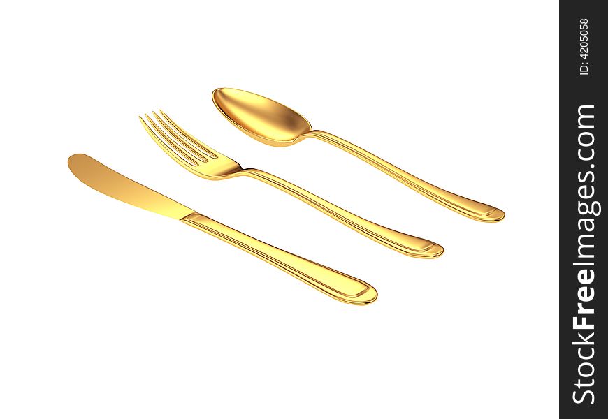 Gold Knife, Fork, Spoon Isolated