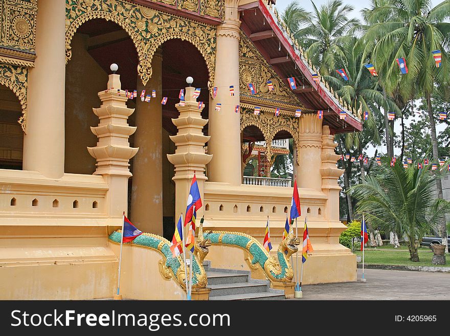 Outside of a Buddhist temple in Vientiane, Laos. Outside of a Buddhist temple in Vientiane, Laos