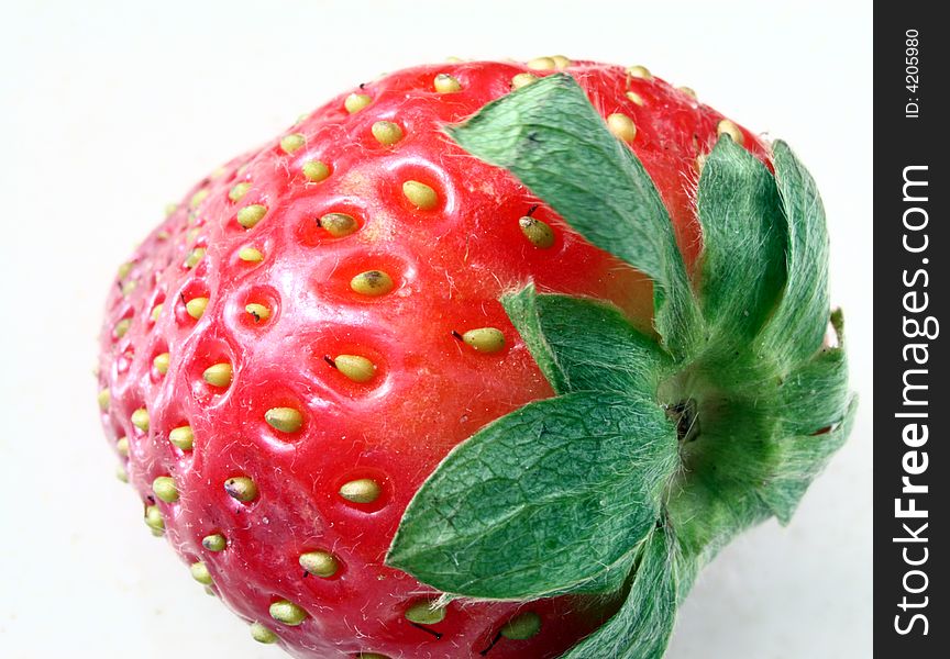 Single strawberry over a bright white background