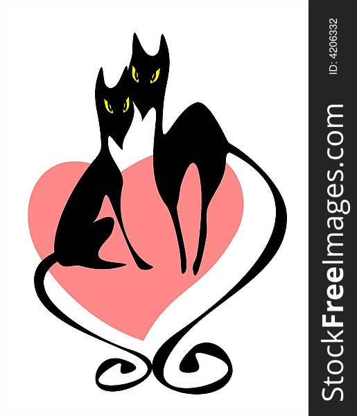 Two enamored black cats and pink heart on a white background. Valentines illustration.
