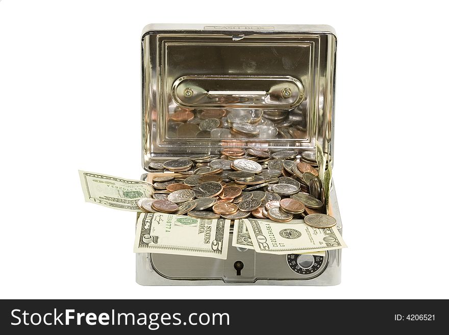 Isolated open cash box with money