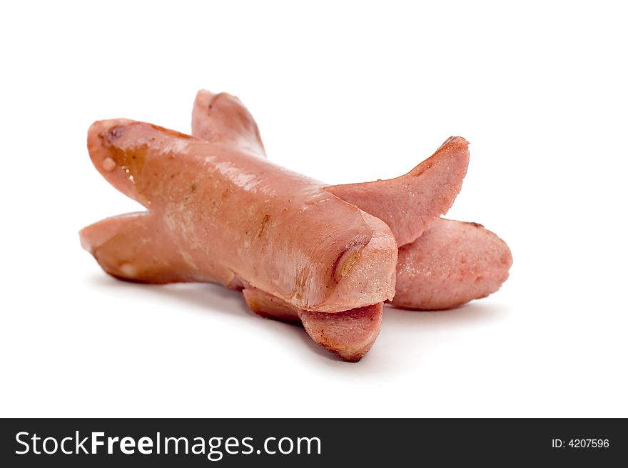 Object on white food small sausage. Object on white food small sausage