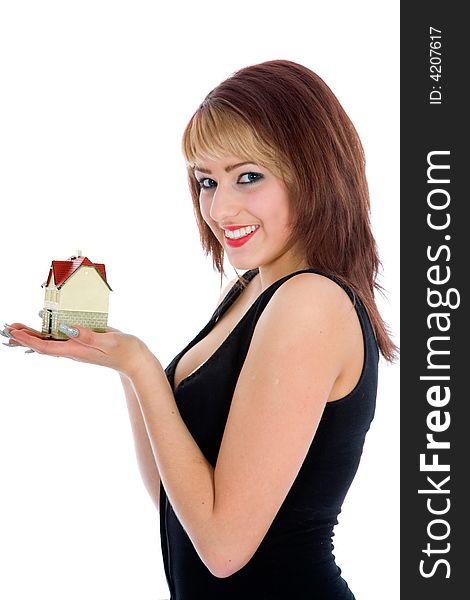 Business woman advertises real estate on isolated background