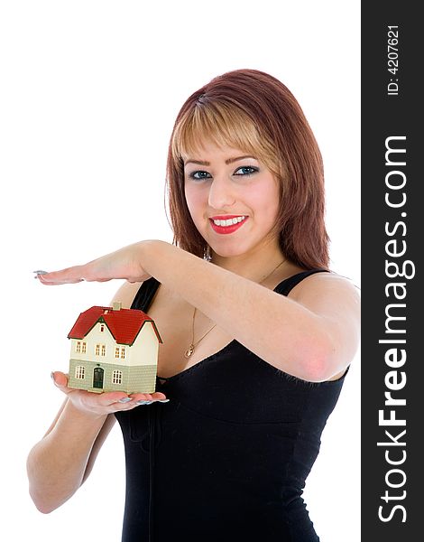 Business woman advertises real estate on isolated background