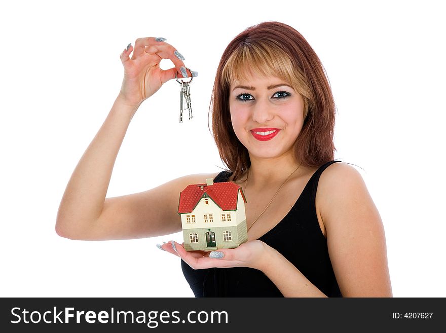 Business woman advertises real estate on isolated background