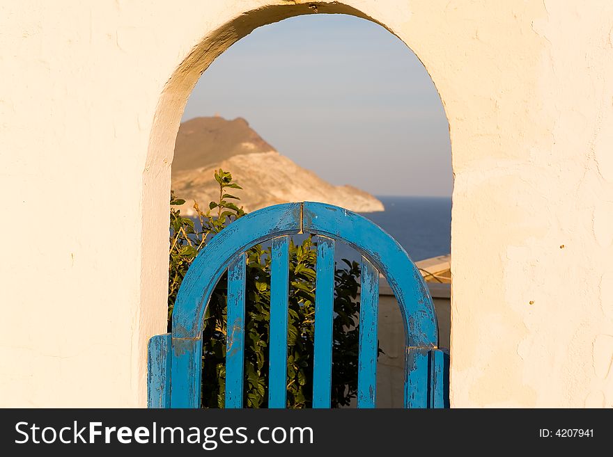 Blue door. Entrance to a typical mediterranean house. Almeria, Spain