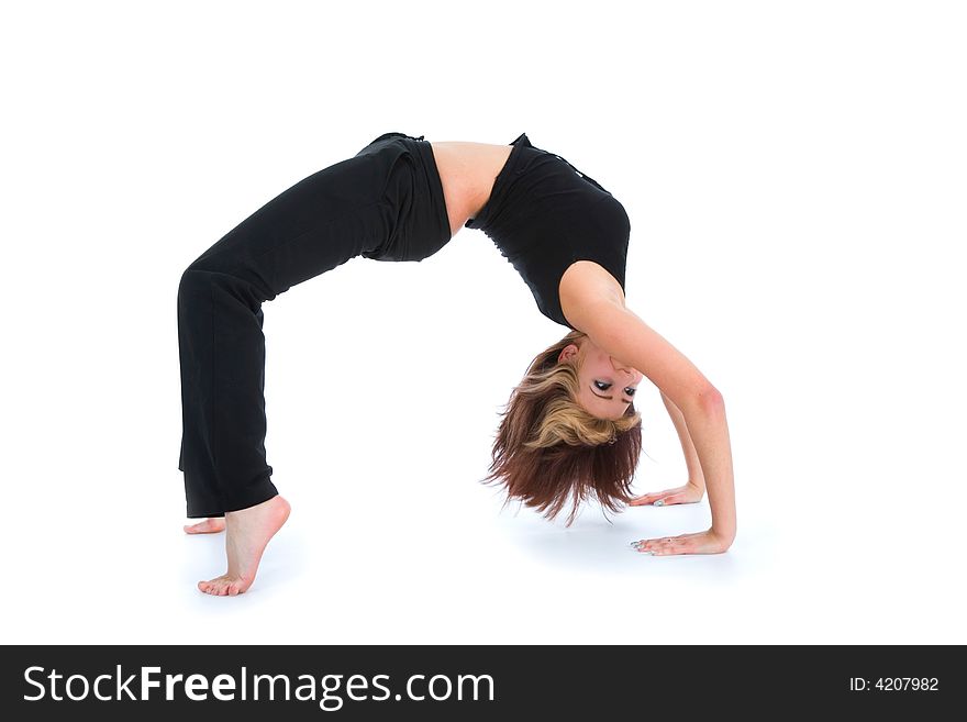 Woman practicing fitness  on  isolated background