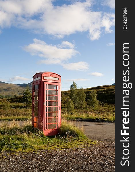 Telephone booth in the middle of nowhere. Scotland, United Kingdom