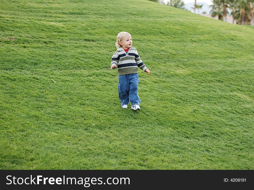 A little kid is enjoying his time in the park. A little kid is enjoying his time in the park