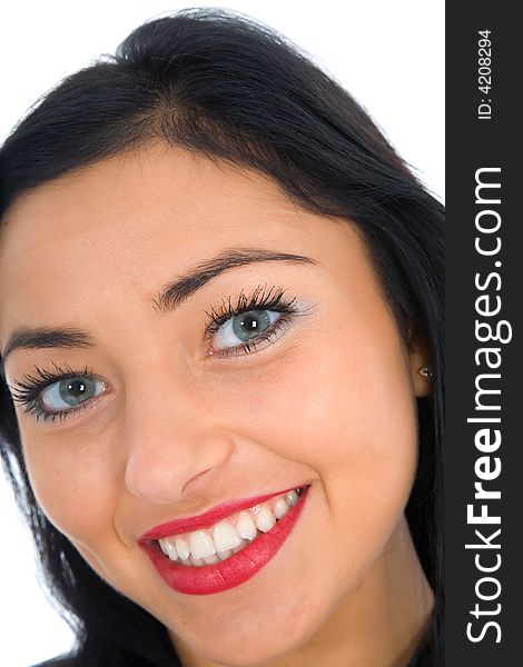 Portrait of the brunette with blue eye on white background