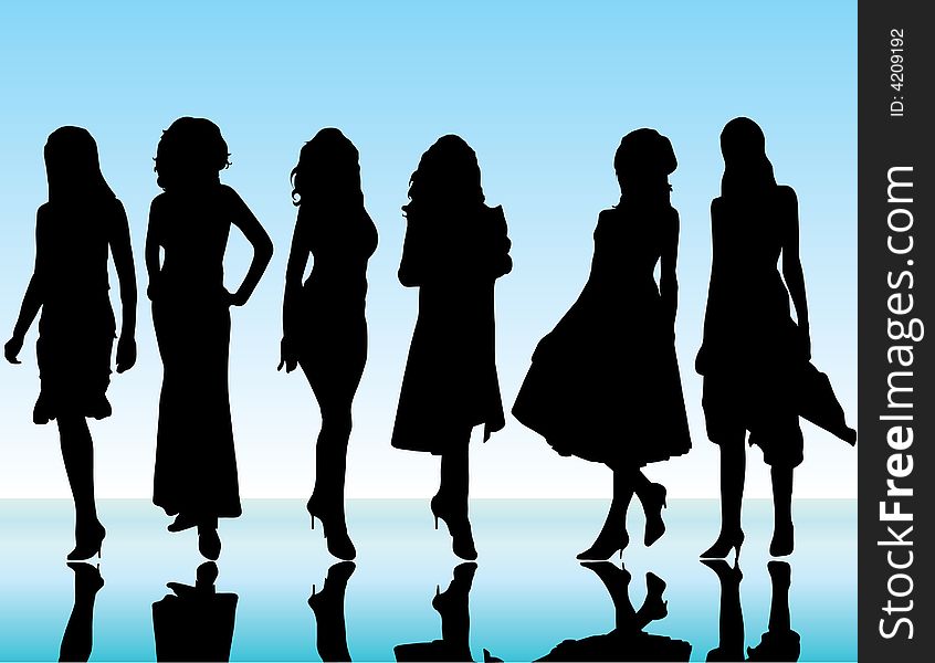 Beautiful girls on blue background silhouette