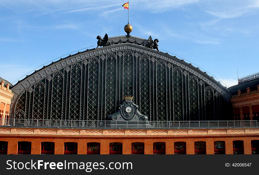 Facade of the original Atocha station, which currently provides access to the rest of the complex.