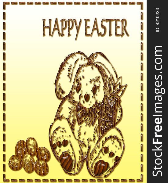 Chocolate rabbit and easter eggs on yellow background. Chocolate rabbit and easter eggs on yellow background