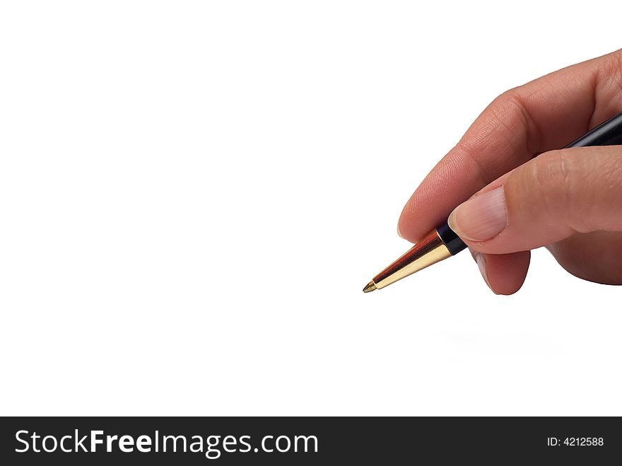 Hand with pen signing on white background. Isolated on white background