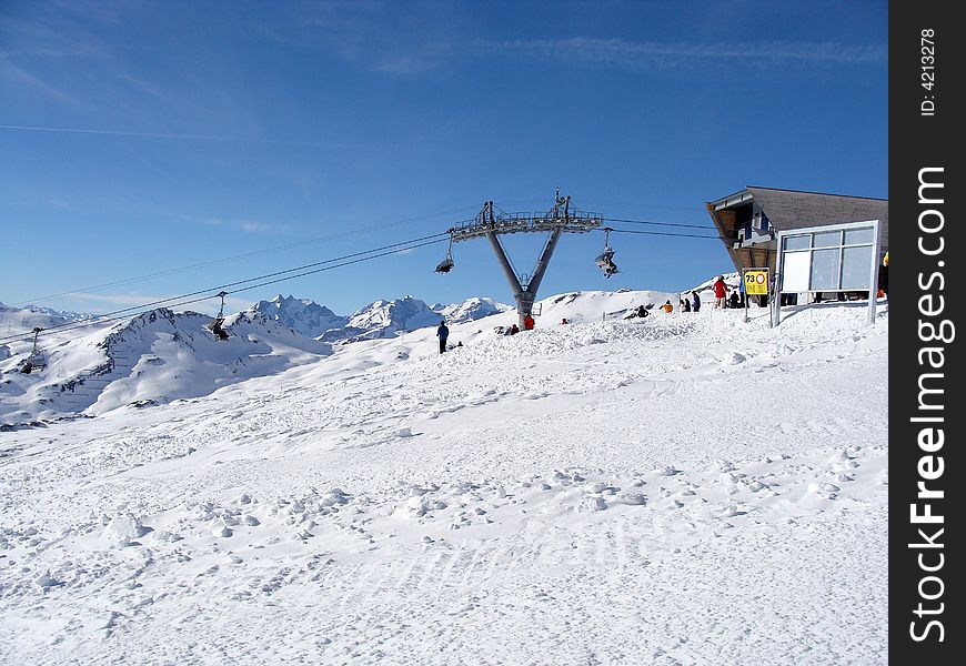 Mutta Rotunda chair lift, 2425 m / 7956 ft., in the Ski Area of Flims Laax in Eastern Switzerland.