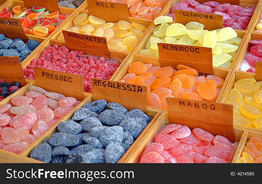 Candy and jellies exhibitor of various flavors and colors. Candy and jellies exhibitor of various flavors and colors