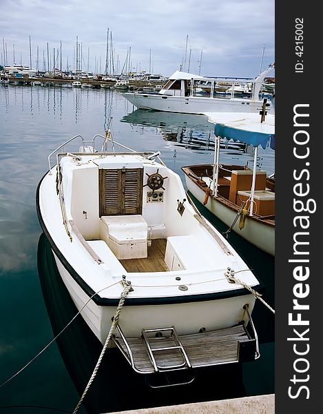 White boat laid up in port of Bar, Montenegro. White boat laid up in port of Bar, Montenegro