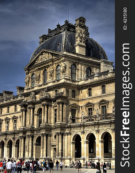 Plaza, front and facade of the Louvre museum in Paris, France