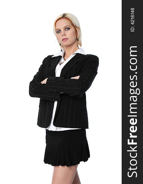 Businesswoman with arms crossed on awhite background