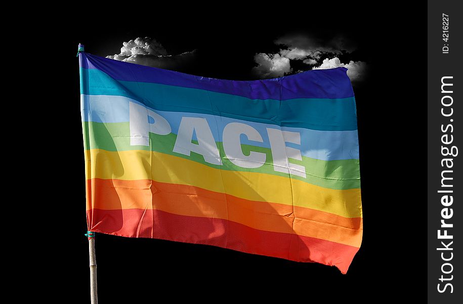 Peace flag flutters in the dark sky