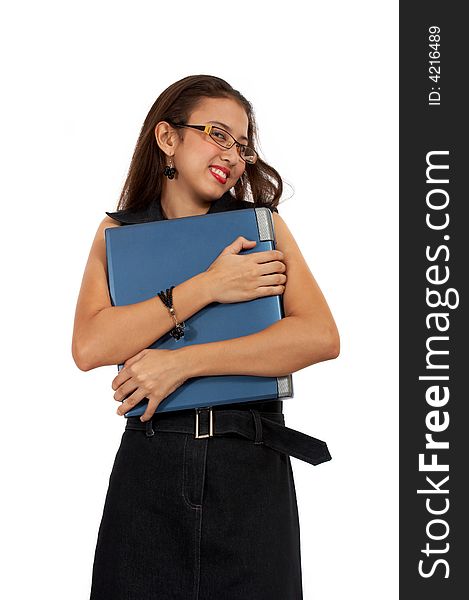 Gorgeous female employee embracing her blue laptop