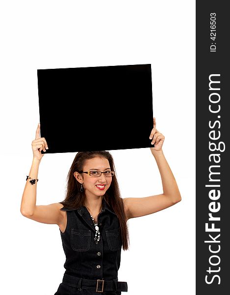 Female secretary holding a blank black board