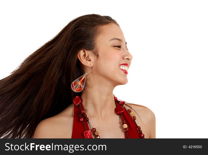 Happy young teenage girl in red dress
