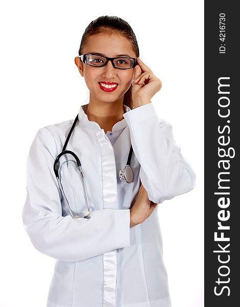 Female doctor smiling while holding her eyeglasses