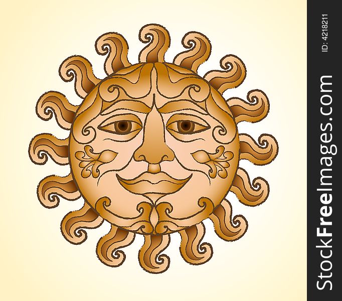 Solar disk with set of the twirled beams and with a human face. Solar disk with set of the twirled beams and with a human face