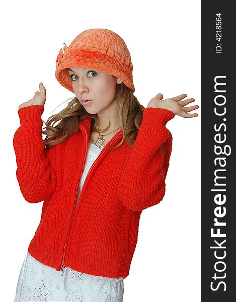 Girl in orange cap and red sweater stay with hands up