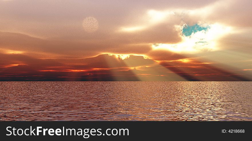 Beautiful sunset over a sea. 3d image