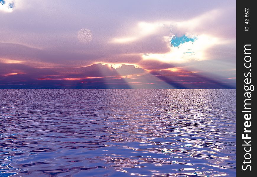 Beautiful sunset over a sea. 3d image