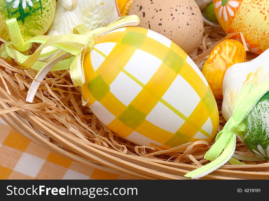 close up of Easter eggs in a basket