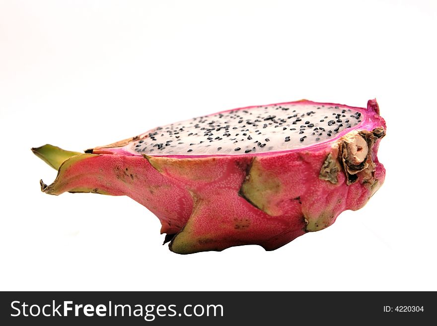 Half red dragon fruit on the white background. Half red dragon fruit on the white background