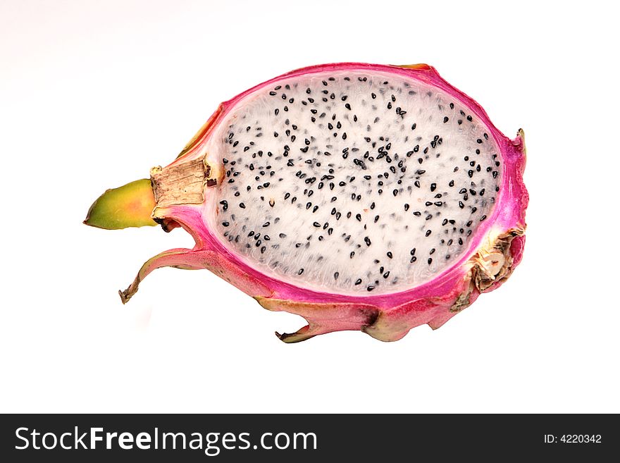 Half red dragon fruit on the white background
