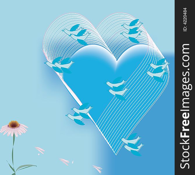 Heart design for the Valentine with birds and flowers on a blue background. Heart design for the Valentine with birds and flowers on a blue background