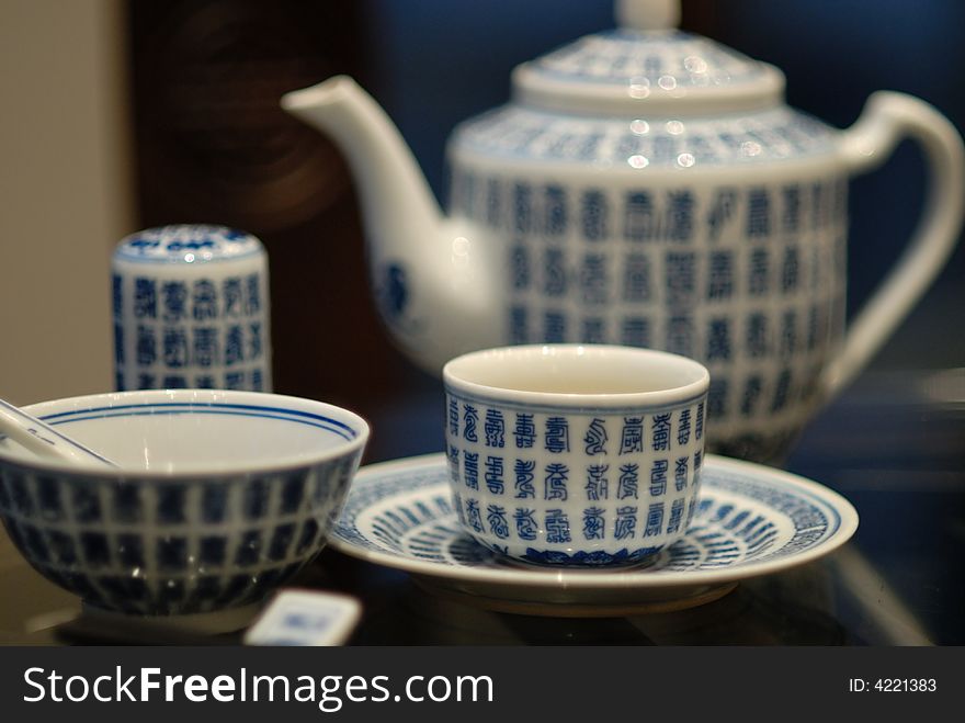 This is a tea set with a lot of Chinese words
