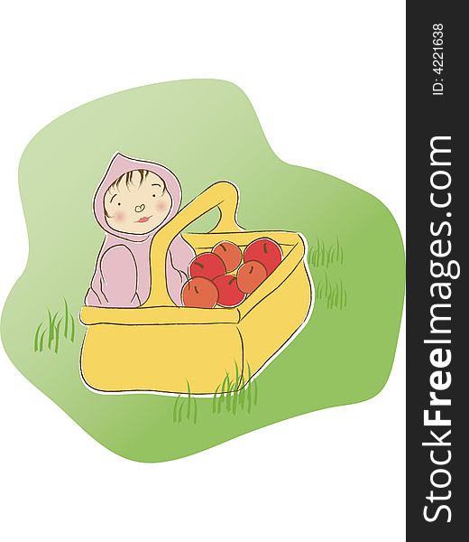 Vector illustration of a baby sitting in a basket of apples in a grassy field abstract background. Vector illustration of a baby sitting in a basket of apples in a grassy field abstract background.