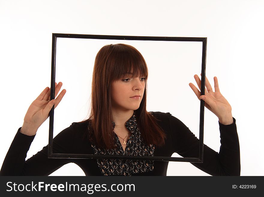 Portrait of the girl with a framework on a white background