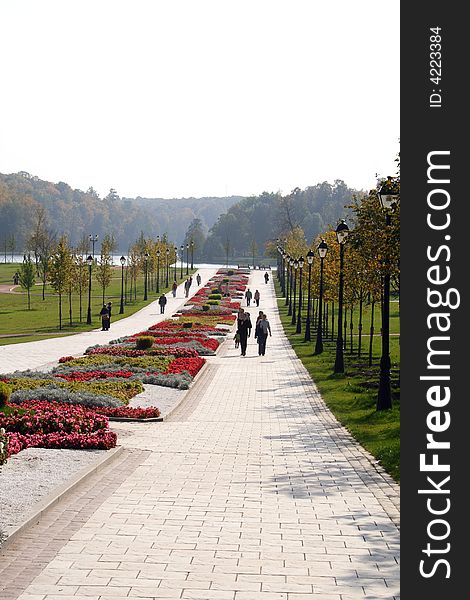 The people walking on paths of park. Summer. Warm.