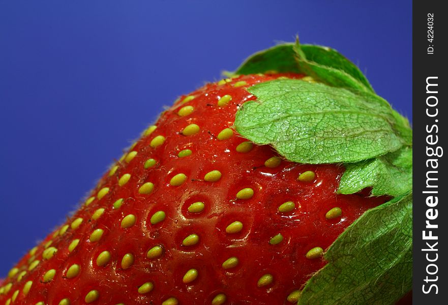 Extreme close up on an strawberry with blue background