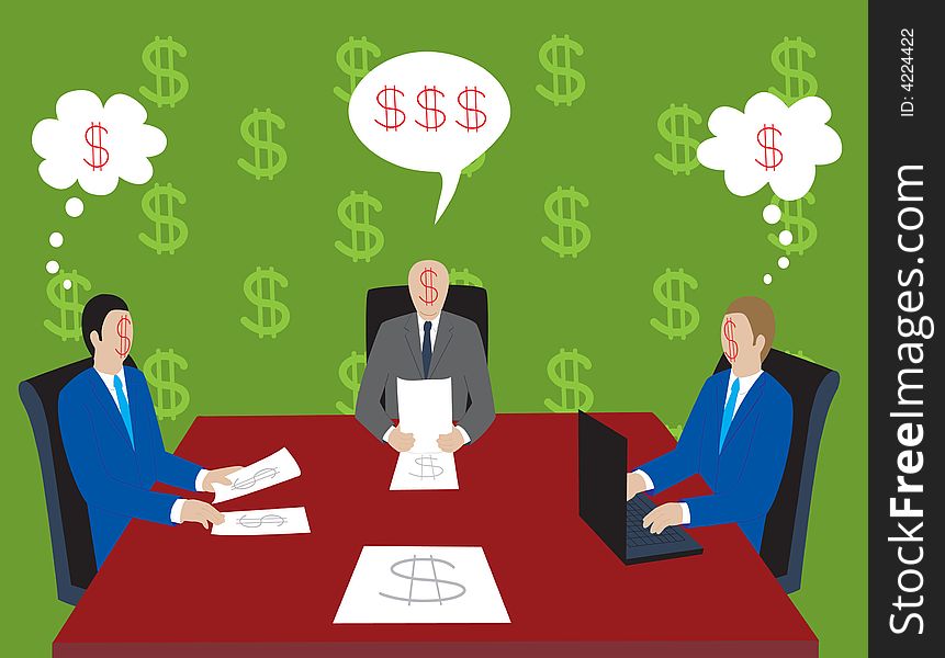 Seating at the table with „dollar sigh faces“ businessmen. Vector illustration.