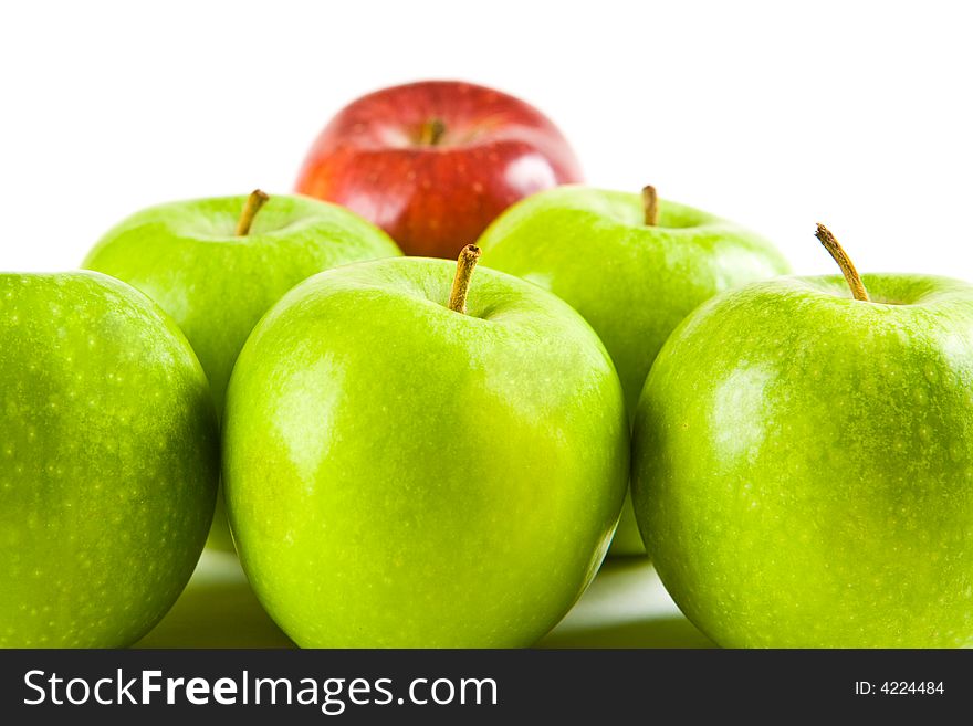 Six apples in a triangle with a white background