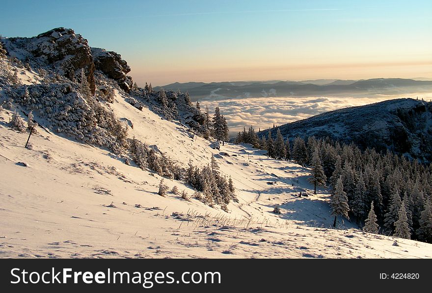 Snow cover at sunrise in Ceahlau mountains. Snow cover at sunrise in Ceahlau mountains