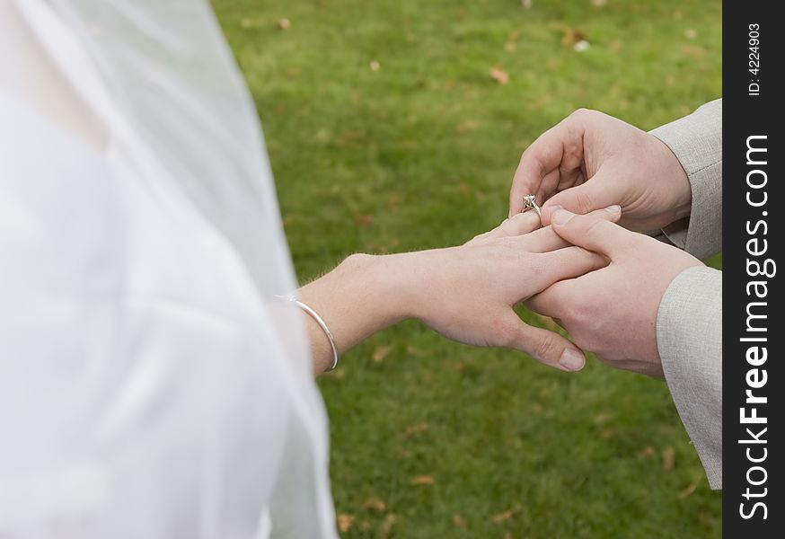 Hands of groom placing ring on bride's finger. Hands of groom placing ring on bride's finger