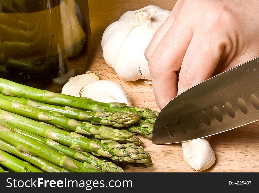 Fresh asparagus on a cutting board healthy