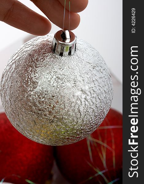 Close-up shot of a silver christmas baubles
