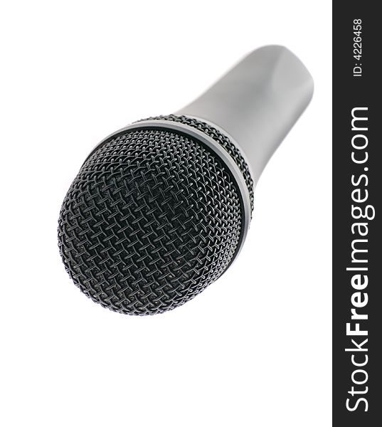 Microphone perspective. The studio musical microphone isolated on a white background