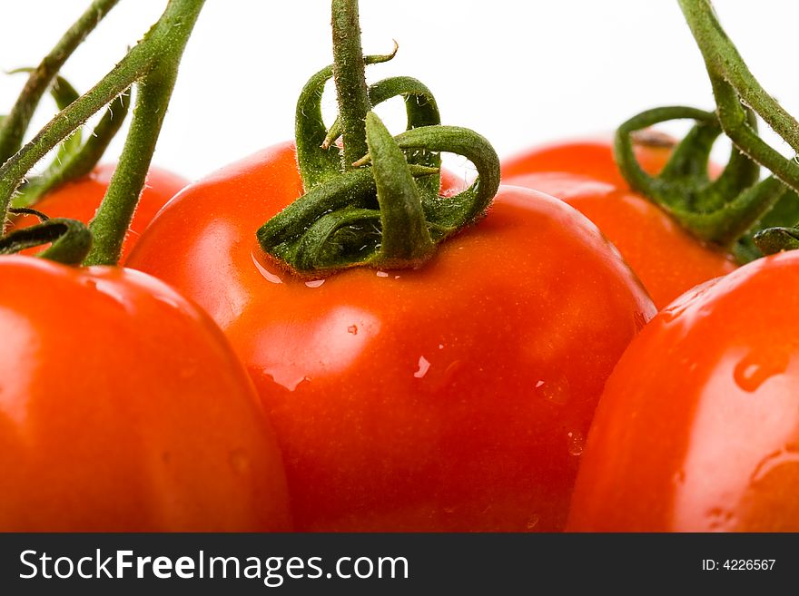 Closeup red fresh tomato with water drops. Closeup red fresh tomato with water drops